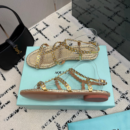 AQUAZZURA 26S FLAT SANDALS IN GOLD SNAKESKIN CRYSTAL-EMBELLISHED