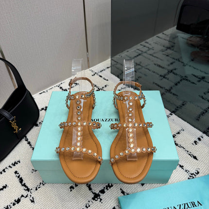 AQUAZZURA 26S FLAT SANDALS IN BROWN LAMBSKIN CRYSTAL-EMBELLISHED