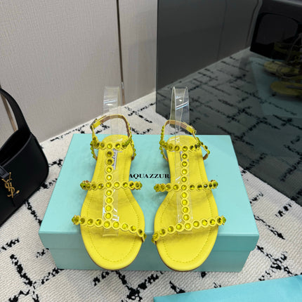 AQUAZZURA 26S FLAT SANDALS IN YELLOW LAMBSKIN CRYSTAL-EMBELLISHED