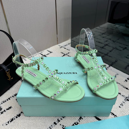 AQUAZZURA 26S FLAT SANDALS IN MINT GREEN LAMBSKIN CRYSTAL-EMBELLISHED