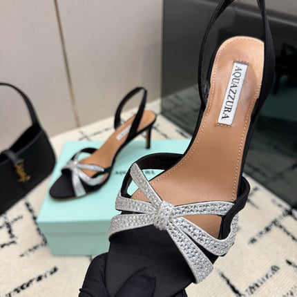 AQUAZZURA 26S HEEL SANDALS 80 MM IN BLACK SATIN CRYSTAL STONES