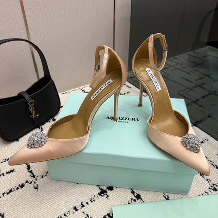 AQUAZZURA 26S POINTED-TOE PUMPS 105 MM IN BEIGE SATIN