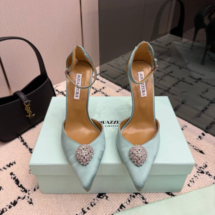 AQUAZZURA 26S POINTED-TOE PUMPS 105 MM IN MINT GREEN SATIN
