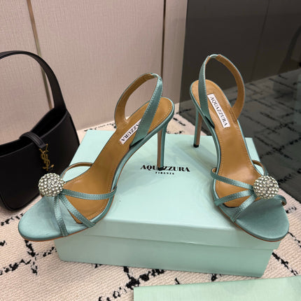 AQUAZZURA 26S STRAPPY HEELS 105 MM IN MINT GREEN SATIN