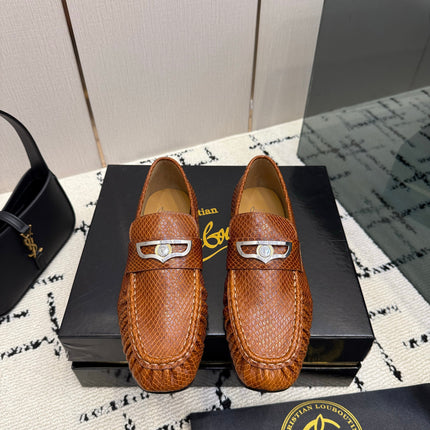 CHRISTIAN LOUBOUTIN 26S LOAFERS IN COGNAC BROWN SNAKE-EMBOSSED CALFSKIN