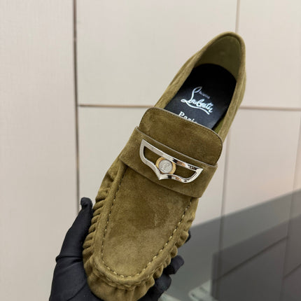 CHRISTIAN LOUBOUTIN 26S LOAFERS IN MOSS GREEN SUEDE