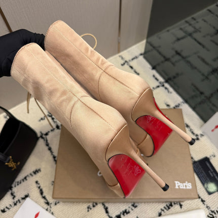CHRISTIAN LOUBOUTIN 26S LACE-UP HEEL BOOTS 100 MM IN BEIGE SATIN
