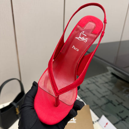 CHRISTIAN LOUBOUTIN 26S THONG SLINGBACK HEELS 85 MM IN RED SATIN