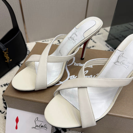 CHRISTIAN LOUBOUTIN 26S CROSS-STRAP HIGH HEEL SANDALS 105 MM IN CREAM WHITE CALFSKIN