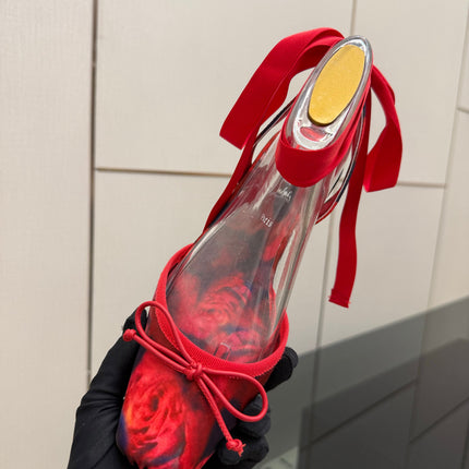 CHRISTIAN LOUBOUTIN 26S FLAT SHOES IN RED FLORAL PRINT SATIN