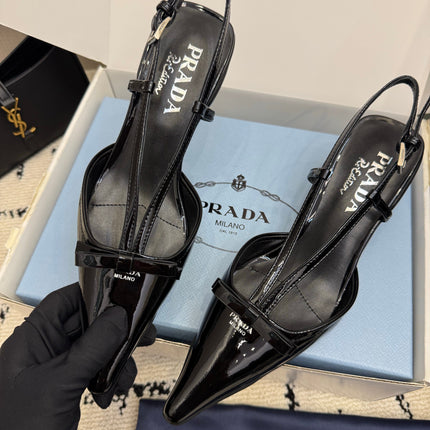 PRADA 26S POINTED TOE SLINGBACK KITTEN HEELS IN BLACK PATENT CALFSKIN WITH BOW