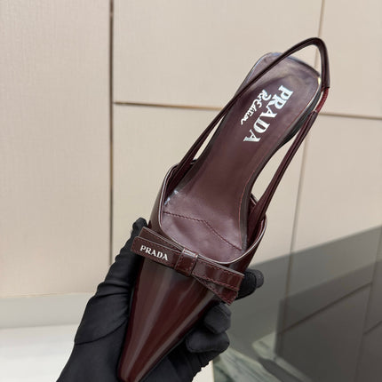 PRADA 26S BUCKLE STRAP SLINGBACK PUMPS IN BURGUNDY RED CALFSKIN WITH BOW