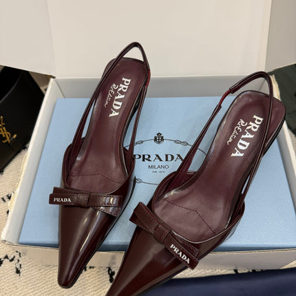 PRADA 26S BUCKLE STRAP SLINGBACK PUMPS IN BURGUNDY RED CALFSKIN WITH BOW