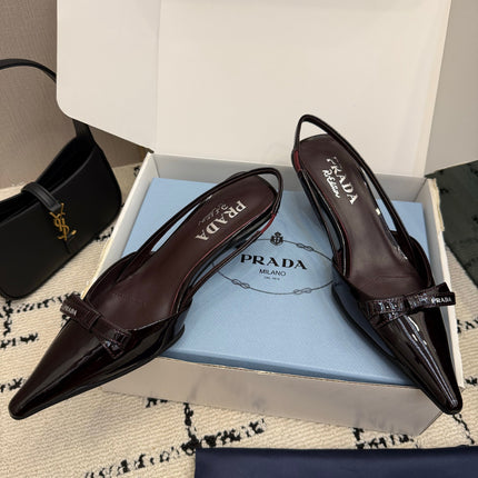 PRADA 26S BUCKLE STRAP SLINGBACK PUMPS IN BURGUNDY RED PATENT CALFSKIN WITH BOW