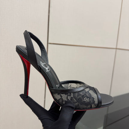 CHRISTIAN LOUBOUTIN 26S HIGH HEEL SANDALS 105 MM IN BLACK LACE AND LEATHER