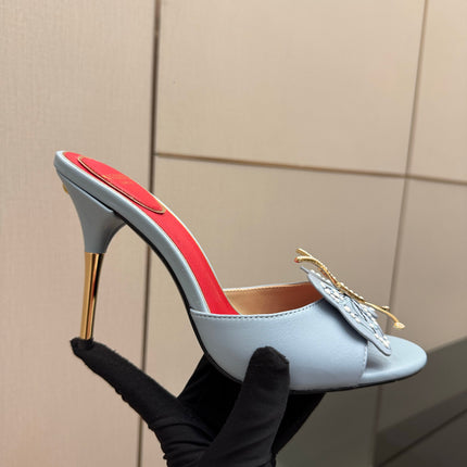 VALENTINO 26S BUTTERFLY HEEL SANDALS IN LIGHT BLUE CALFSKIN