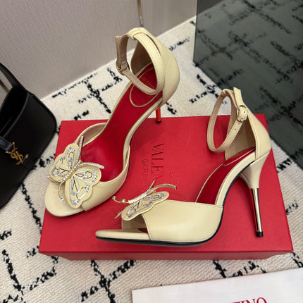 VALENTINO 26S ANKLE STRAP BUTTERFLY SANDALS IN LIGHT YELLOW CALFSKIN