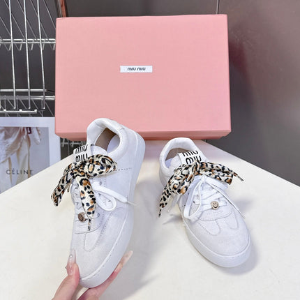 MIUMIU 25S SNEAKERS IN WHITE SUEDE WITH LEOPARD-PRINT LACES