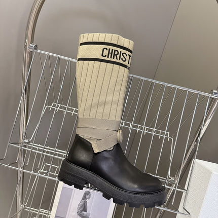 DIOR 25S D-MAJOR ANKLE BOOTS IN BLACK CALFSKIN AND BEIGE FABRIC