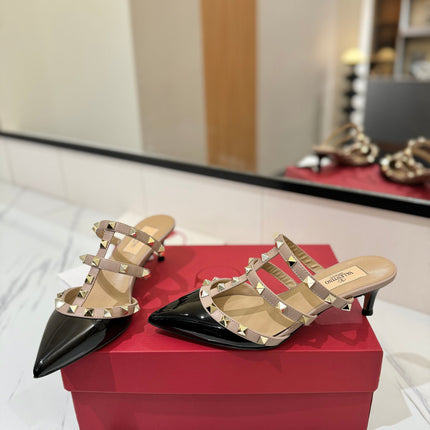 VALENTINO 26S STUDDED HEELED MULES 50 MM IN BLACK PATENT CALFSKIN