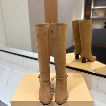 VALENTINO 25S GARAVANI PATTIE KNEE-HIGH BOOTS 80 MM IN LIGHT BROWN SUEDE