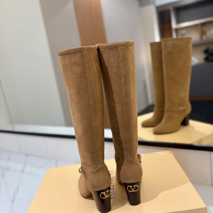 VALENTINO 25S GARAVANI PATTIE KNEE-HIGH BOOTS 80 MM IN LIGHT BROWN SUEDE