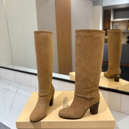 VALENTINO 25S GARAVANI PATTIE KNEE-HIGH BOOTS 80 MM IN LIGHT BROWN SUEDE