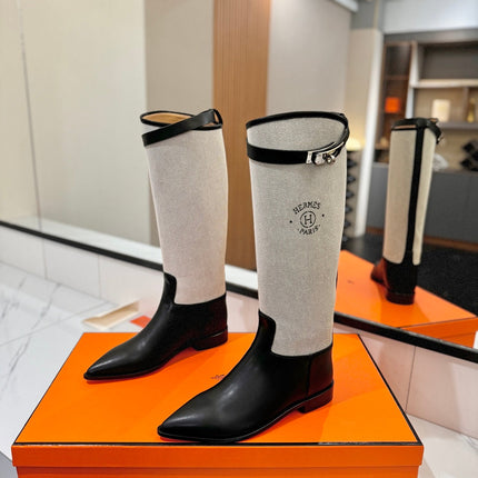 HM 26S JUMPING BOOTS IN BLACK CALFSKIN AND BEIGE CANVAS WITH SILVER HARDWARE