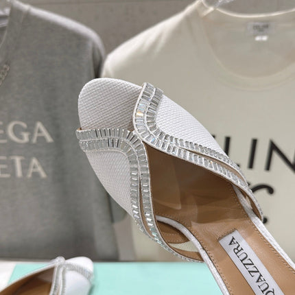 AQUAZZURA 26S HEEL SANDALS 80 MM IN WHITE CANVAS WITH CRYSTALS