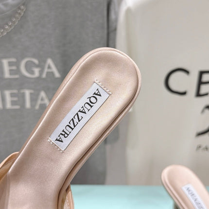 AQUAZZURA 26S HEEL SANDALS 80 MM IN BEIGE SATIN CRYSTAL-EMBELLISHED SPHERE