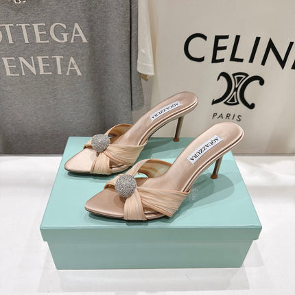 AQUAZZURA 26S HEEL SANDALS 80 MM IN BEIGE SATIN CRYSTAL-EMBELLISHED SPHERE