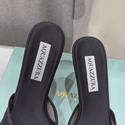 AQUAZZURA 26S HEEL SANDALS 80 MM IN BLACK SATIN CRYSTAL-EMBELLISHED SPHERE