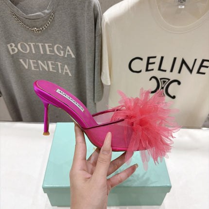AQUAZZURA 26S BOUQUET HEELED SANDALS 80 MM IN PINK SATIN & CALFSKIN