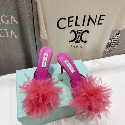 AQUAZZURA 26S BOUQUET HEELED SANDALS 80 MM IN PINK SATIN & CALFSKIN
