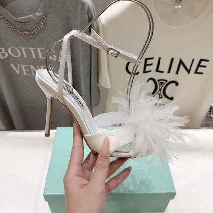 AQUAZZURA 26S BOUQUET HEELED SANDALS 100 MM IN CREAM WHITE SATIN & CALFSKIN