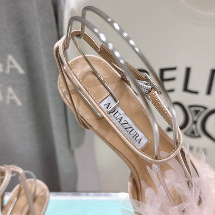 AQUAZZURA 26S BOUQUET HEELED SANDALS 100 MM IN BEIGE SATIN & CALFSKIN
