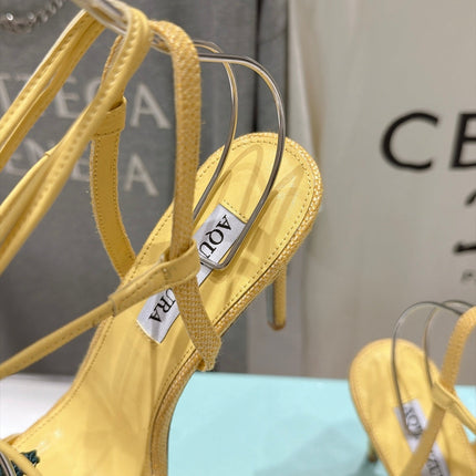 AQUAZZURA 26S FLORAL APPLIQUE SANDALS 100 MM IN YELLOW WOVEN FABRIC