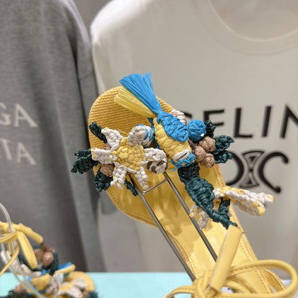 AQUAZZURA 26S FLORAL APPLIQUE SANDALS 100 MM IN YELLOW WOVEN FABRIC