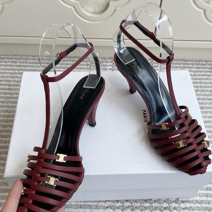 CELINE 26S CLEA TRIOMPHE GLADIATOR HEEL SANDALS 60 MM IN DARK RED LAMBSKIN