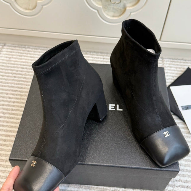 CHANEL 26S ANKLE BOOTS IN BLACK SUEDE AND PATENT SQUARE TOE
