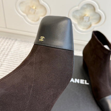 CHANEL 26S ANKLE BOOTS IN DARK BROWN SUEDE AND BLACK PATENT SQUARE TOE