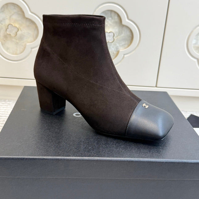 CHANEL 26S ANKLE BOOTS IN DARK BROWN SUEDE AND BLACK PATENT SQUARE TOE