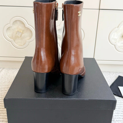 CHANEL 26S HIGH HEEL ANKLE BOOTS 70 MM IN BROWN CALFSKIN SQUARE TOE