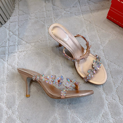 RENE CAOVILLA 26S HEEL SANDALS 65 MM IN ROSE GOLD LAMBSKIN CRYSTAL FLOWER EMBELLISHMENTS