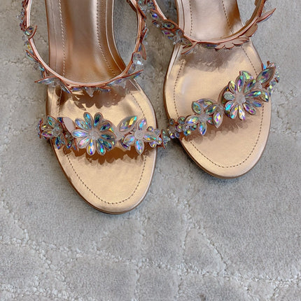RENE CAOVILLA 26S HEEL SANDALS 65 MM IN ROSE GOLD LAMBSKIN CRYSTAL FLOWER EMBELLISHMENTS