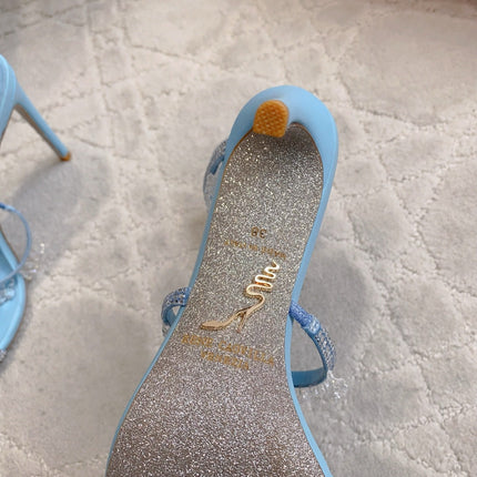 RENE CAOVILLA 26S CLEO HIGH HEELS SANDALS 95 MM IN LIGHT BLUE LAMBSKIN