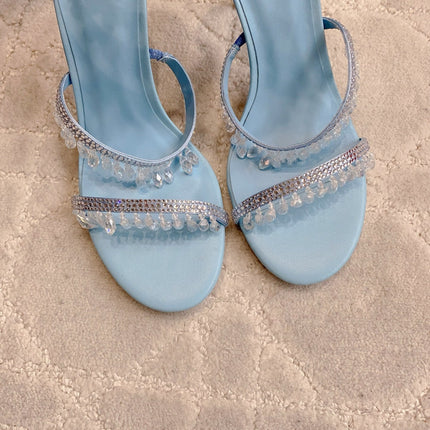 RENE CAOVILLA 26S CLEO HIGH HEELS SANDALS 95 MM IN LIGHT BLUE LAMBSKIN