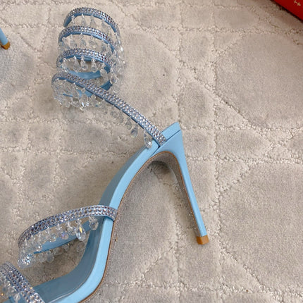 RENE CAOVILLA 26S CLEO HIGH HEELS SANDALS 95 MM IN LIGHT BLUE LAMBSKIN