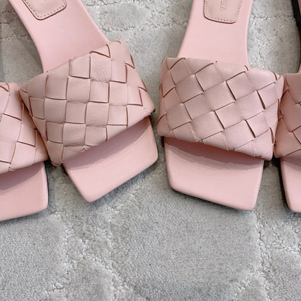 BOTTEGA VENETA 26S SQUARE-TOE SLIDE SANDALS IN PASTEL PINK LAMBSKIN