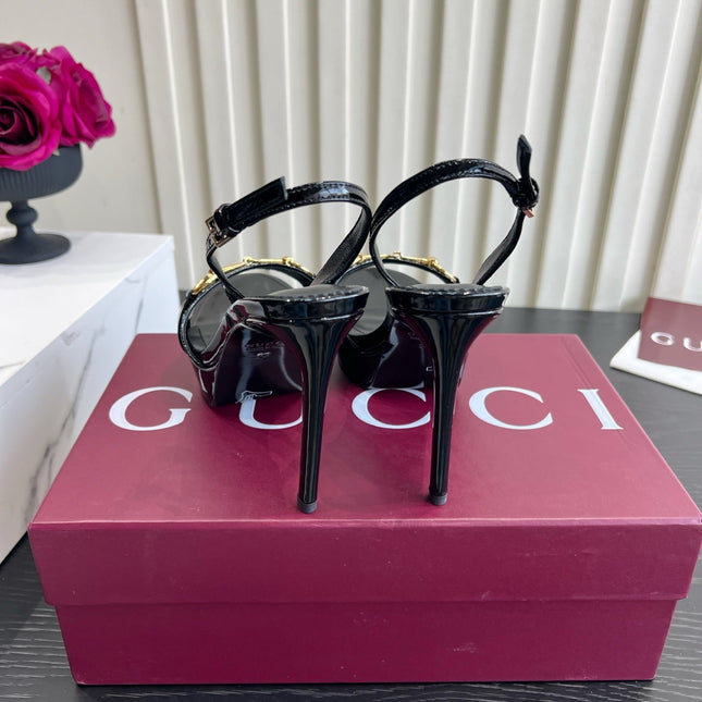 GUCCI 26S HORSEBIT GG SANDALS 105 MM IN BLACK PATENT CALFSKIN